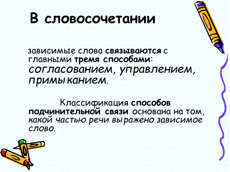 В словосочетании    зависимые слова связываются с главными тремя способами: согласованием, управлением,